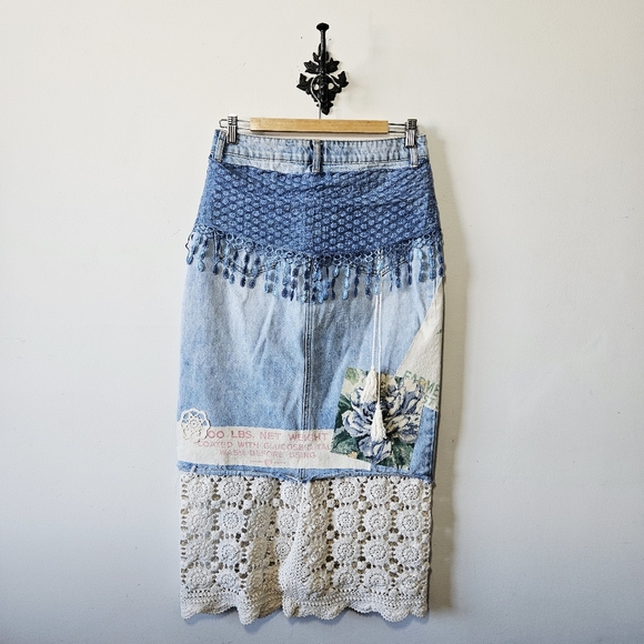 Upcycled Patchwork Boho Lace Denim Skirt Size 8 Floral Rice Bag Tassel Handmade - Picture 3 of 7